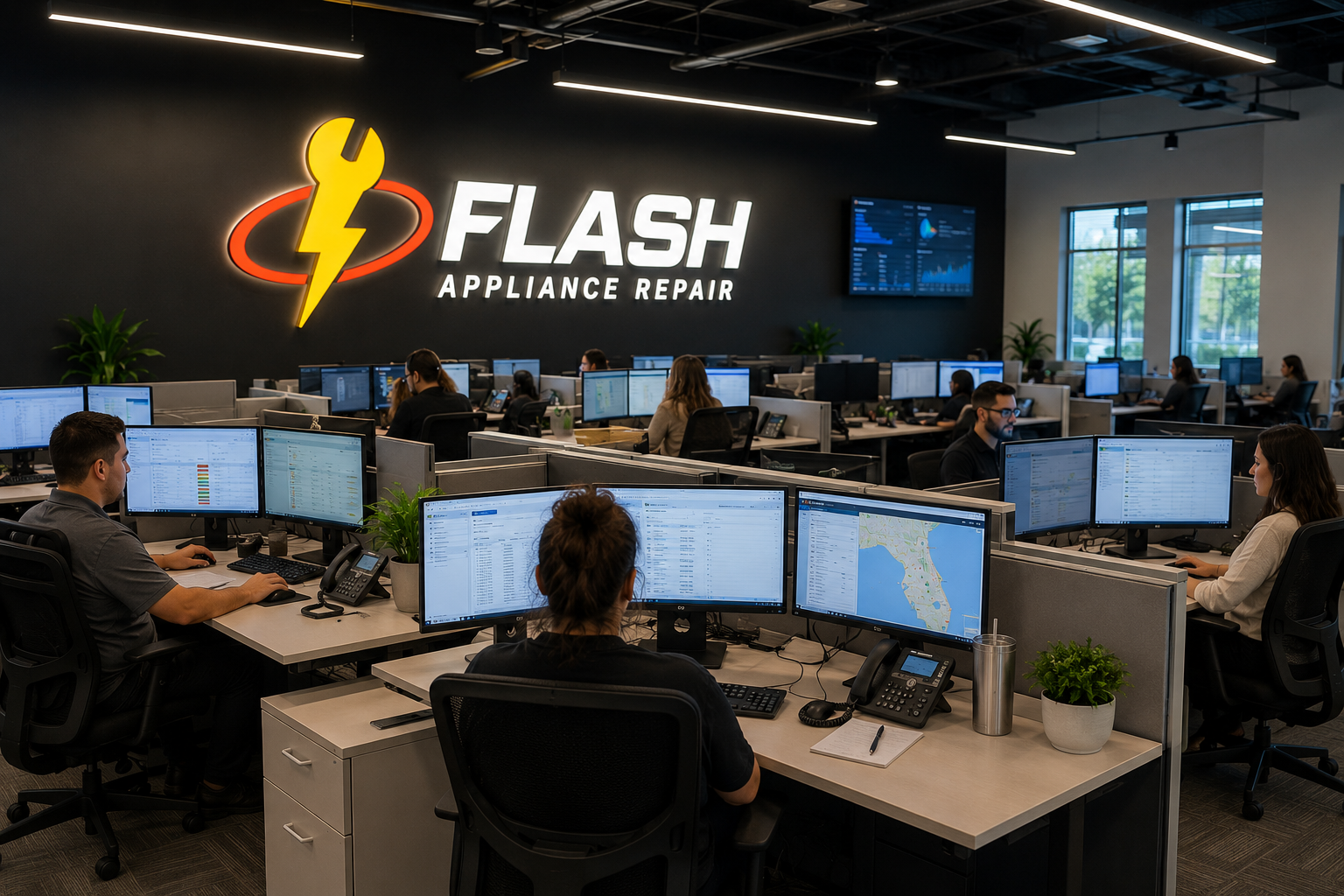 Flash technician repairing appliance